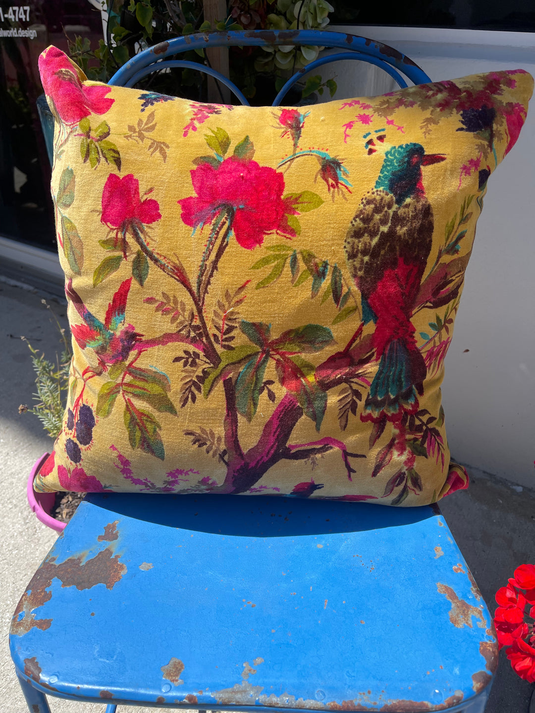 Floral Printed Cotton Velvet Boho Styled Throw Pillow-Mustard