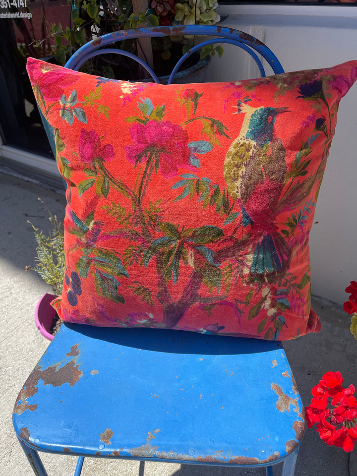 Floral Printed Cotton Velvet Boho Style Throw Pillow-Orange