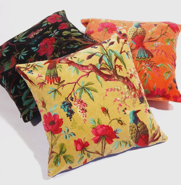 Floral Printed Cotton Velvet Boho Styled Throw Pillow-Mustard