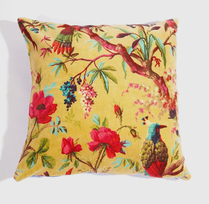 Floral Printed Cotton Velvet Boho Styled Throw Pillow-Mustard