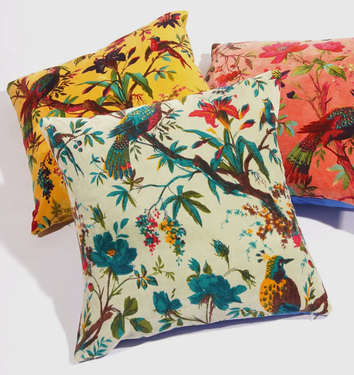 Floral Printed Cotton Velvet Boho Style Throw Pillow-Cream