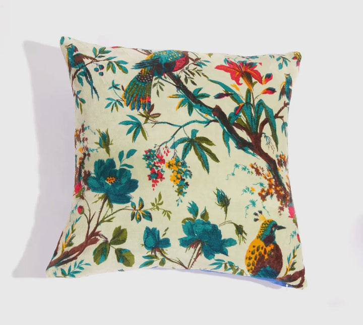 Floral Printed Cotton Velvet Boho Style Throw Pillow-Cream