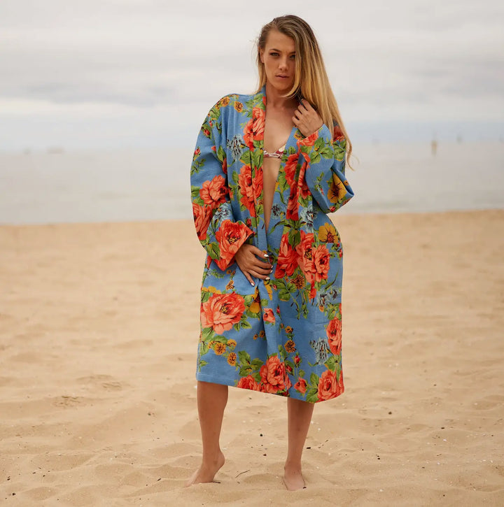 Cotton Waffle Weave Floral Kimono Robe-Sky/Red