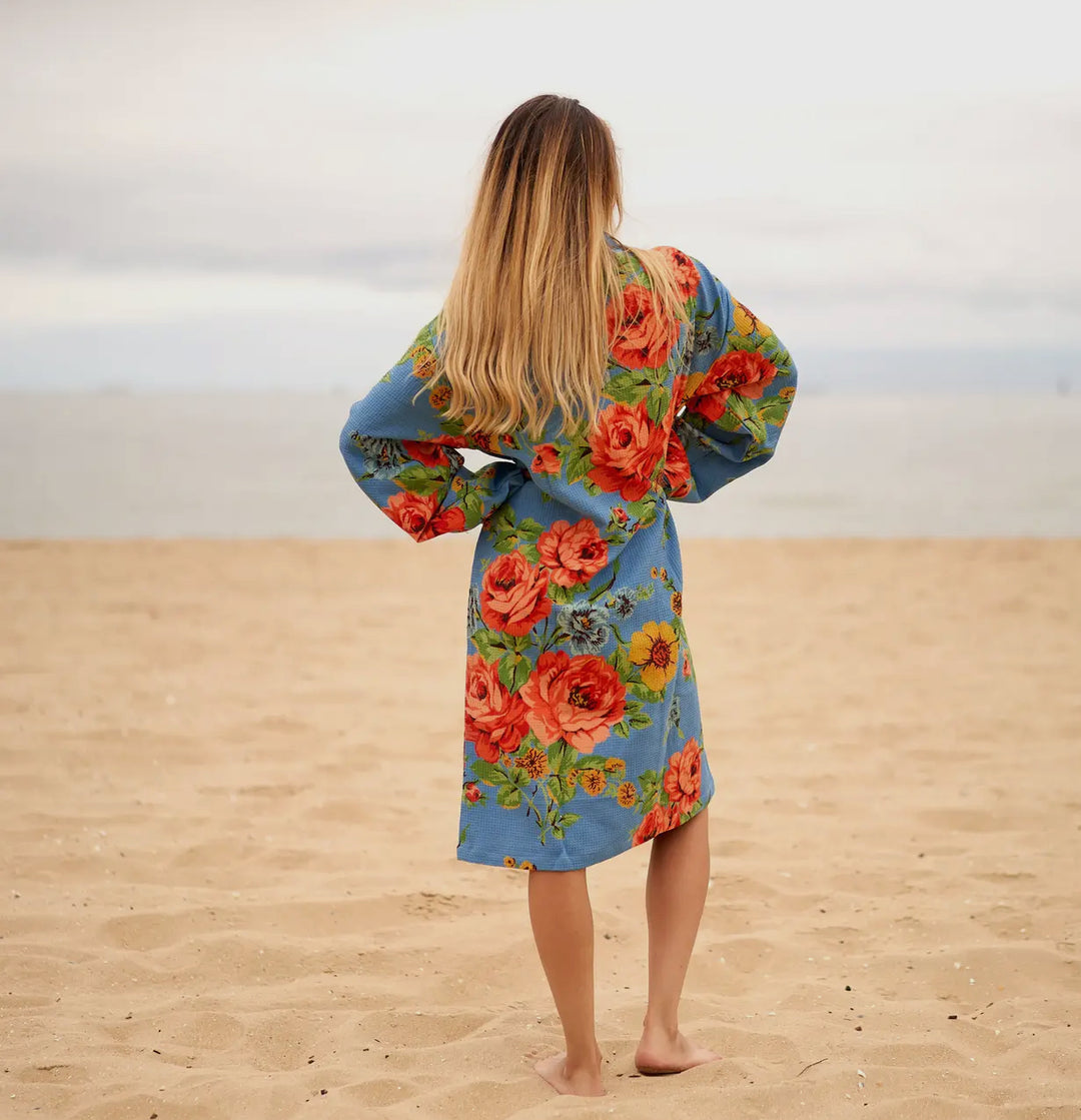 Cotton Waffle Weave Floral Kimono Robe-Sky/Red