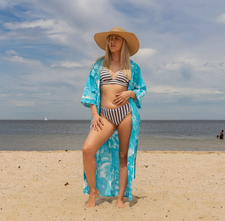 Cotton Kimono Robe-Turquoise Palms
