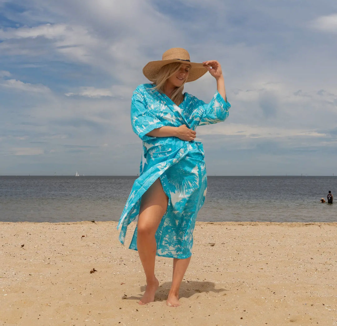 Cotton Kimono Robe-Turquoise Palms