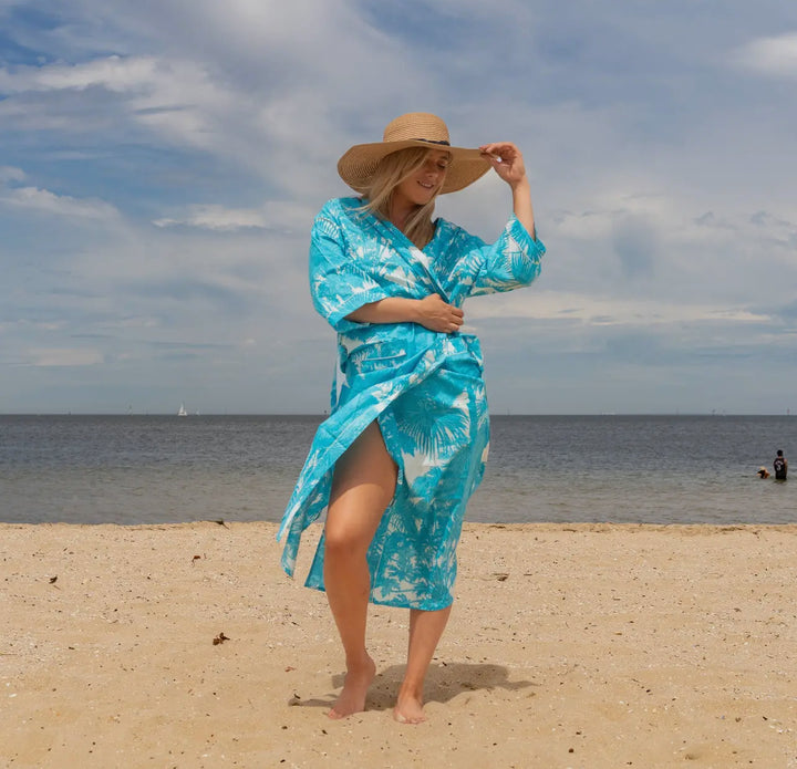 Cotton Kimono Robe-Turquoise Palms