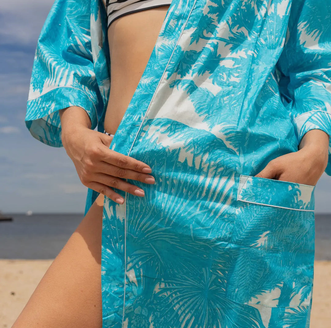 Cotton Kimono Robe-Turquoise Palms