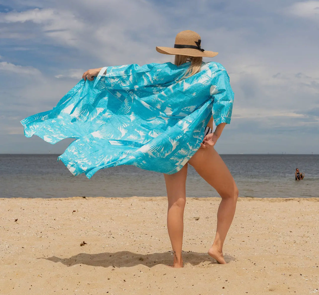 Cotton Kimono Robe-Turquoise Palms