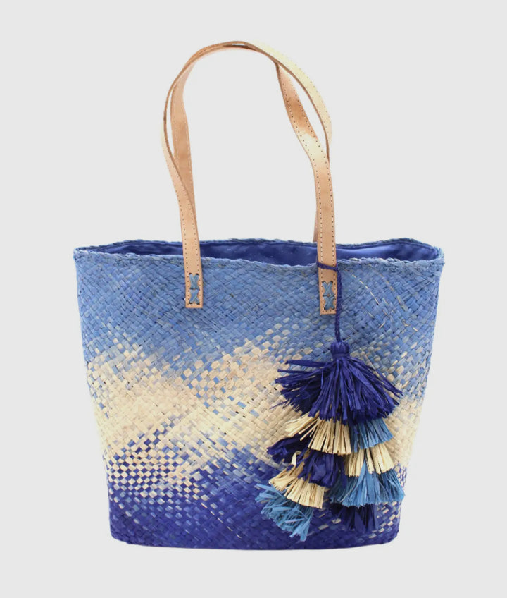 Ombre Straw Handbag with Tassel Charm-Sky blue/cream/Navy