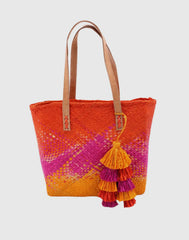 Ombre Straw Tote with Tassel Charm-Red/Fuchsia/Orange