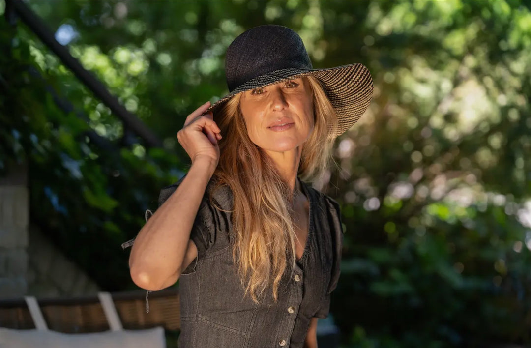 Two Toned Melange Straw Hat with 3" Brim-Black/white