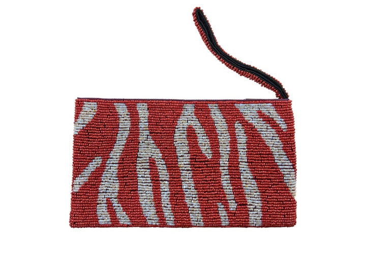 Hand Beaded red zebra clutch with wrist strap