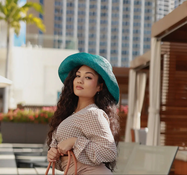 Wide Brim Packable Straw Hat with 7" Brim-Teal