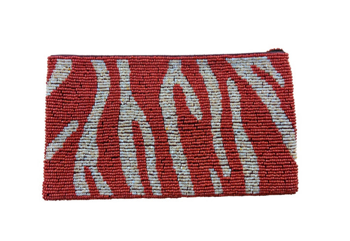 Hand Beaded red zebra clutch with wrist strap