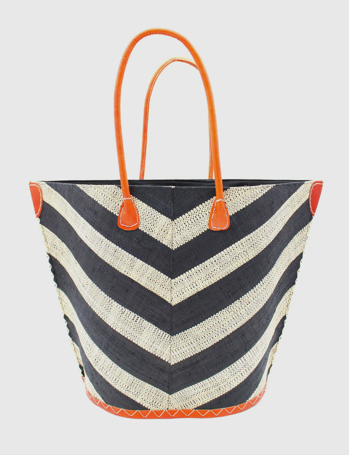 Large Wide Chevron Striped Straw Tote Bag-Black/white