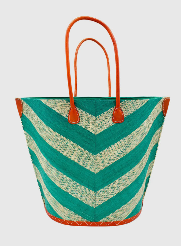 Large Wide Chevron Striped Straw Tote Bag-Teal/White