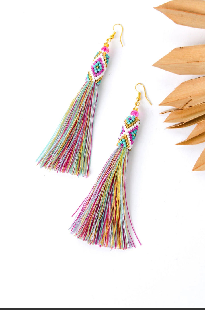 Hand made Dakota Tassel Earrings-pink and aqua