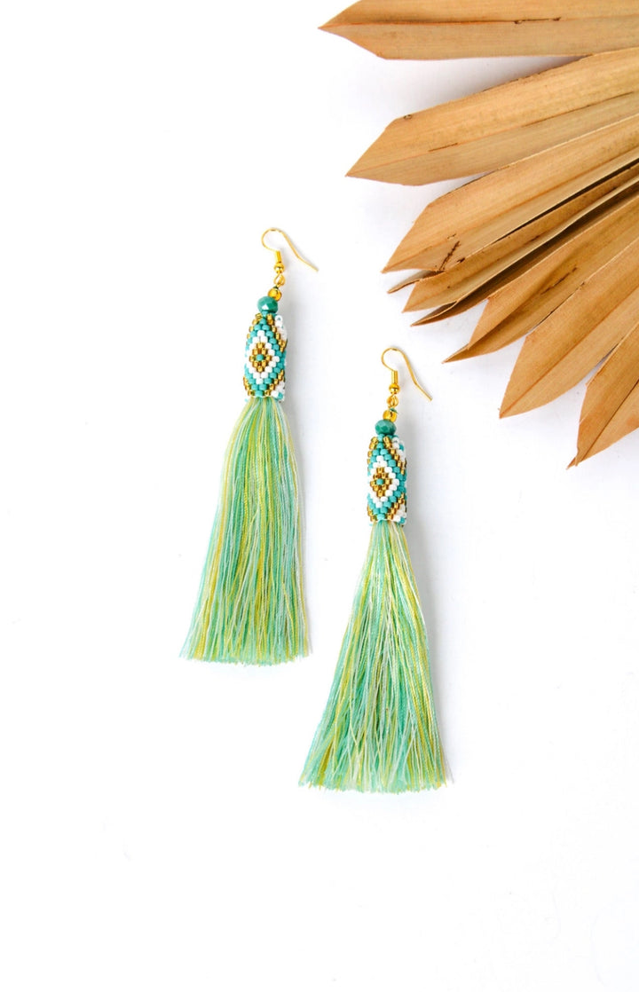 Hand made Dakota Tassel earrings- Aqua and white