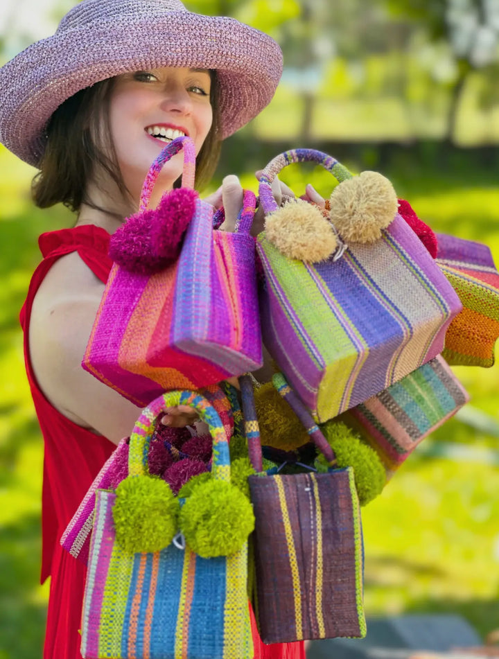 Straw Mini Bag with Pom Pom Accent-Multi stripe