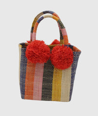 Straw Mini Bag with Pom Pom Accent-Multi stripe