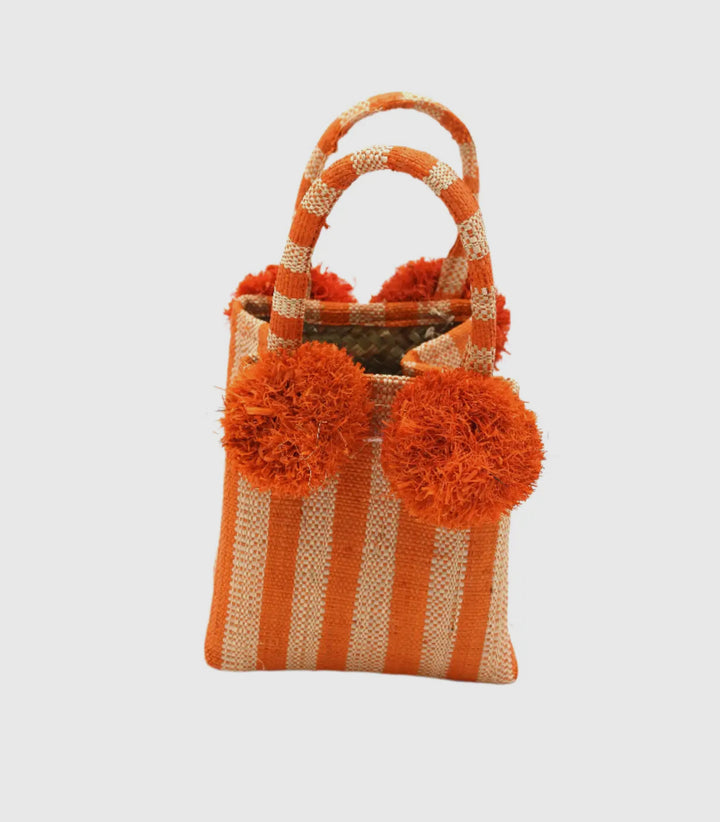 Straw Mini Bag with Pom Pom Accent-Orange/white