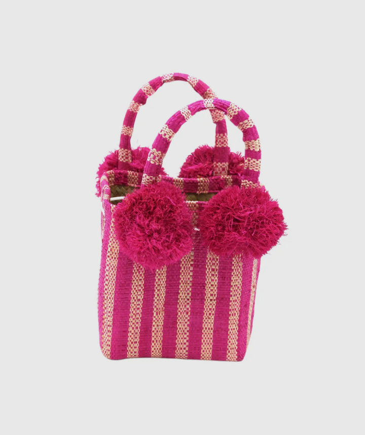 Straw Mini Bag with Pom Pom Accent-Fuchsia/white