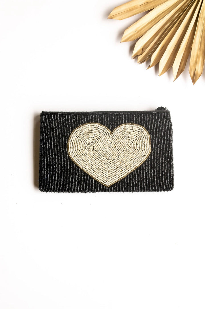 Big Love hand beaded heart clutch purse-Black and cream