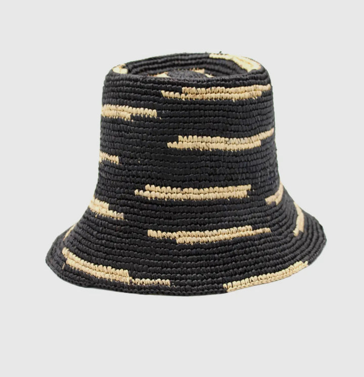 Crochet Bucket Straw Hat 3" Brim-Black/cream