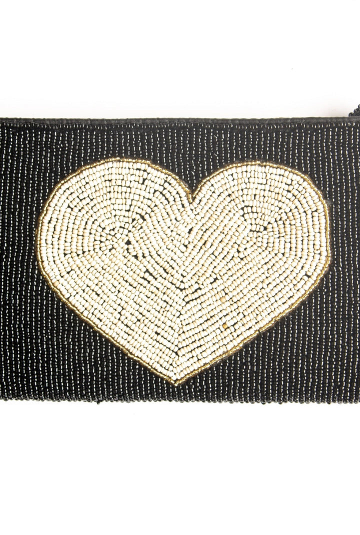 Big Love hand beaded heart clutch purse-Black and cream