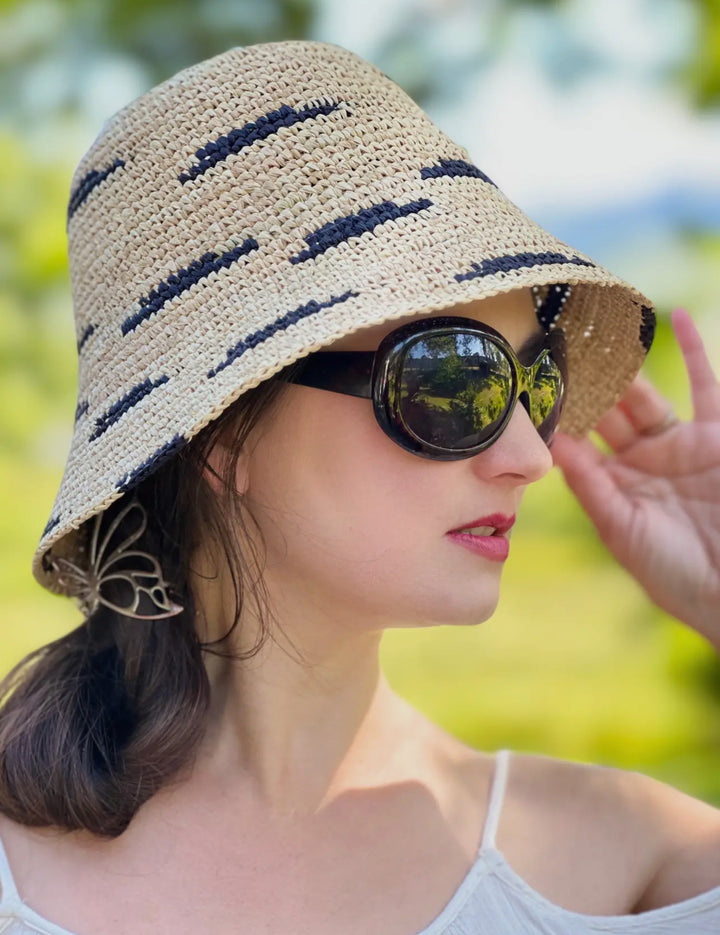 Crochet Bucket Straw Hat with 3" Brim-Natural/Black