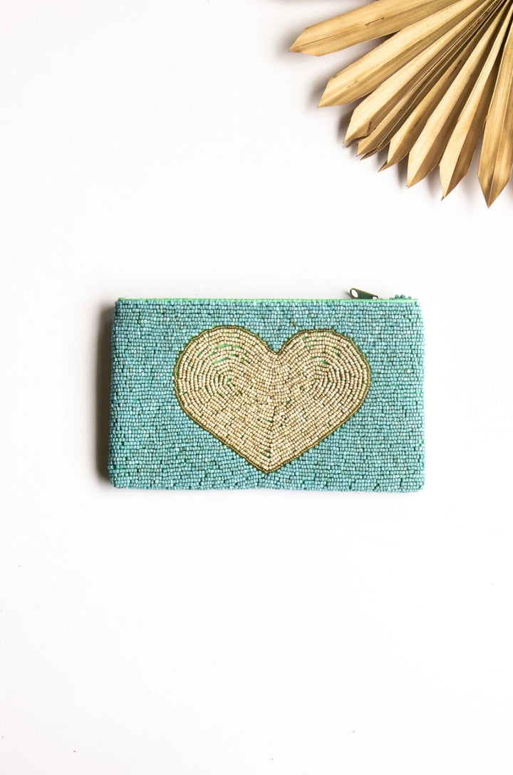 Big Love Hand beaded Heart clutch purse-Aqua/cream