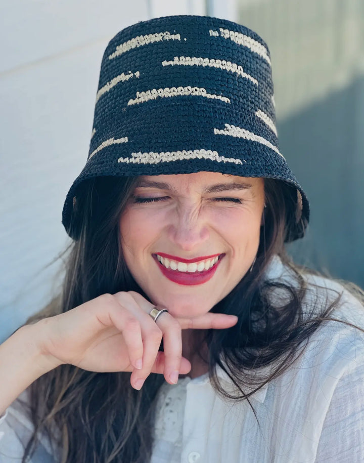 Crochet Bucket Straw Hat 3" Brim-Black/cream