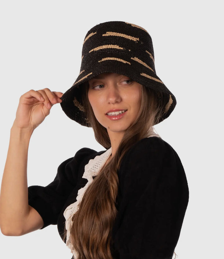 Crochet Bucket Straw Hat 3" Brim-Black/cream