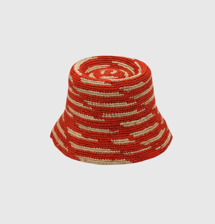 Crochet Bucket Straw Hat with 3" Brim-Red/cream