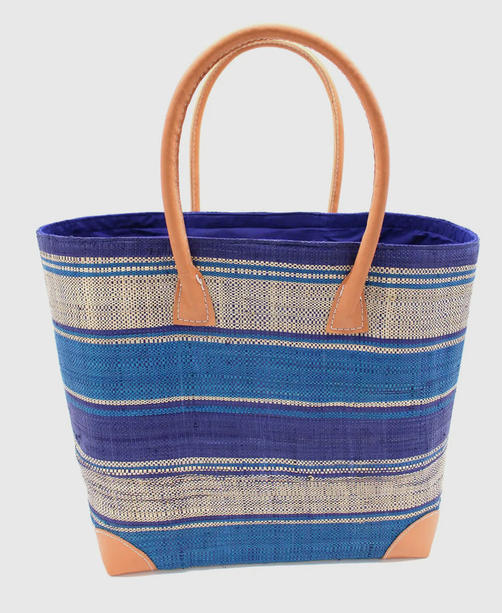 Striped Straw Basket Bag-Royal, Navy, Cream