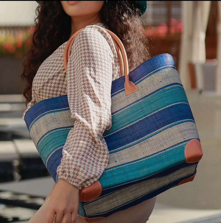 Striped Straw Basket Bag-Royal, Navy, Cream