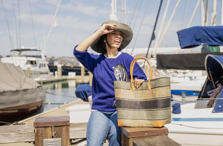 Striped Straw Basket Bag-Royal, Navy, Cream