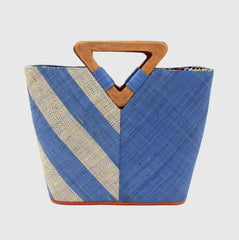 Graphic Chevron Straw Handbag with Wooden Triangle Handle-Sky/white