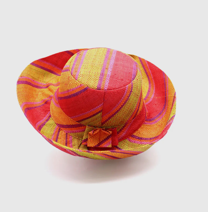 Wide Brimmed Striped Packable Straw Sun Hat with 5" Brim-Orange/lime