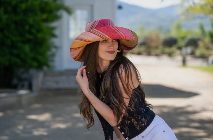 Wide Brimmed Striped Packable Straw Sun Hat with 5" Brim-Orange/lime