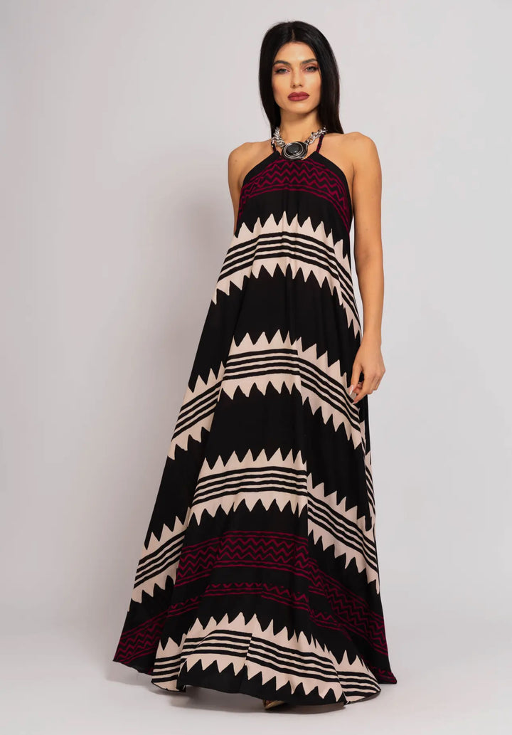Boho Styled Aegean Strap Dress-Black/wine/cream