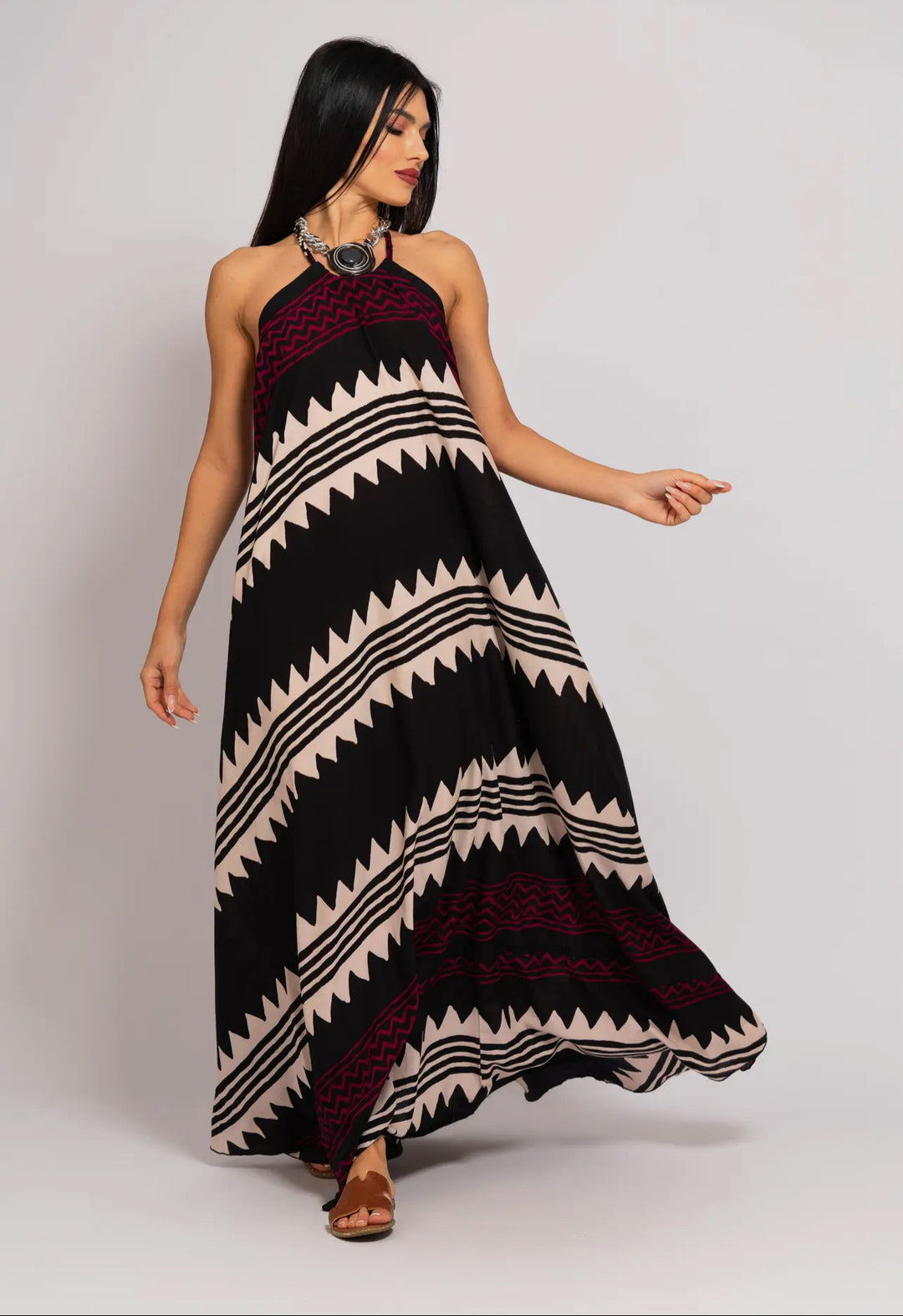 Boho Styled Aegean Strap Dress-Black/wine/cream