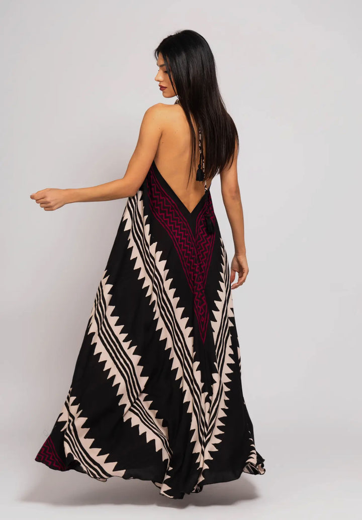 Boho Styled Aegean Strap Dress-Black/wine/cream