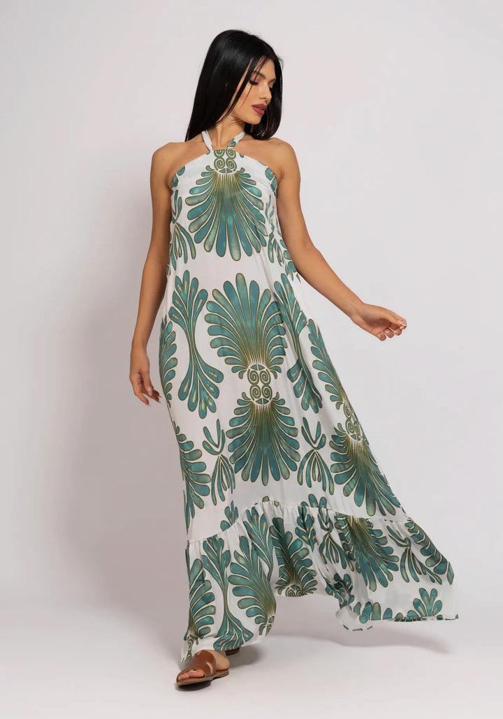 Boho Styled Resort Wear Dress-Emerald/white