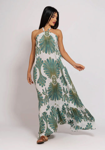 Boho Styled Resort Wear Dress-Emerald/white