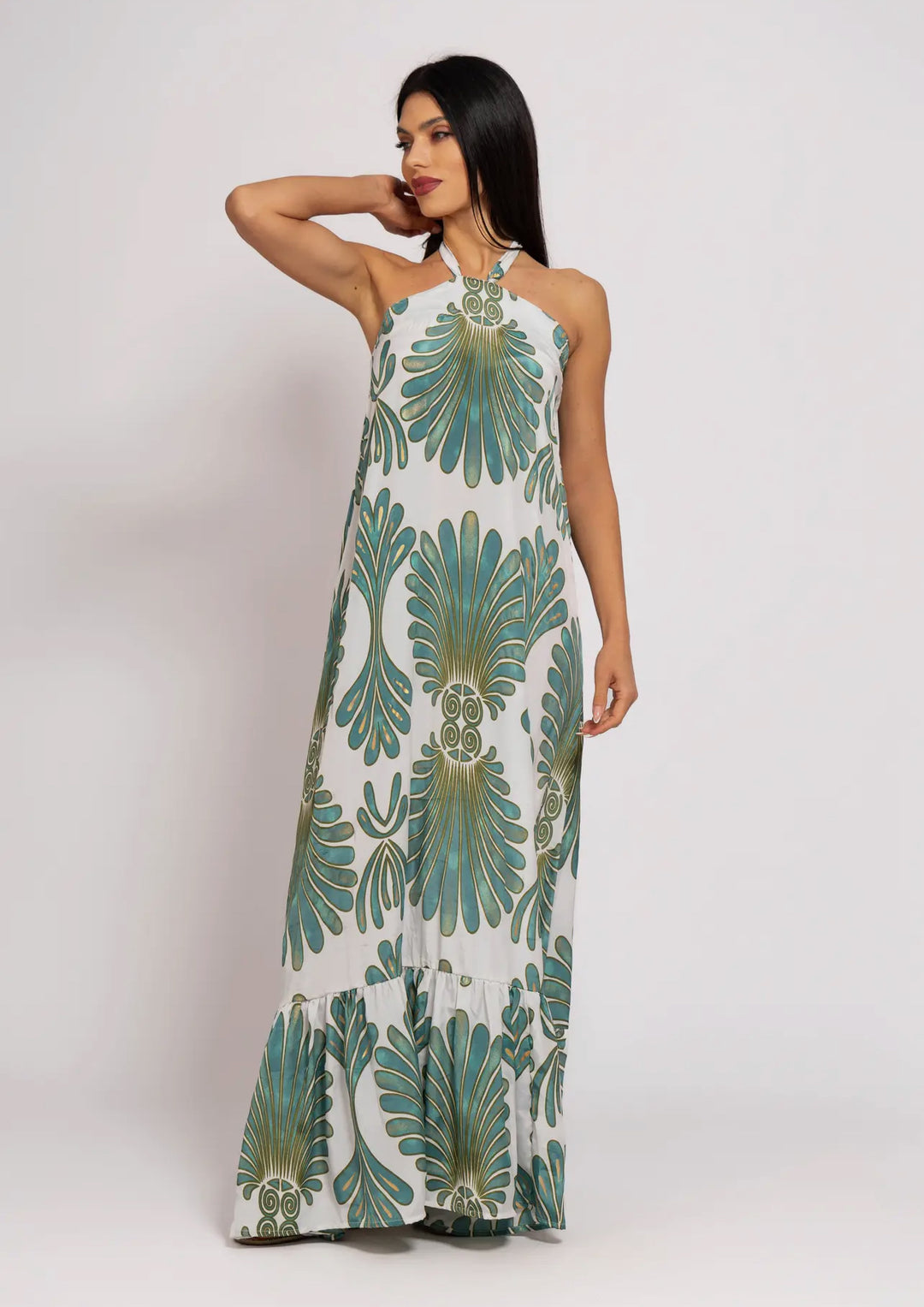 Boho Styled Resort Wear Dress-Emerald/white