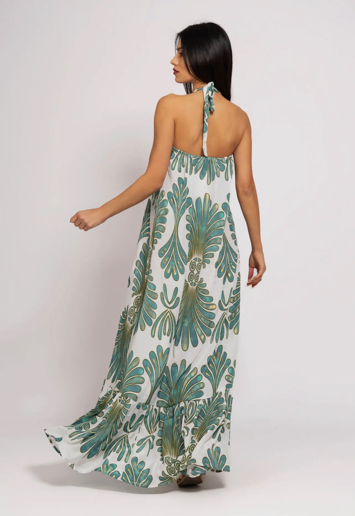 Boho Styled Resort Wear Dress-Emerald/white