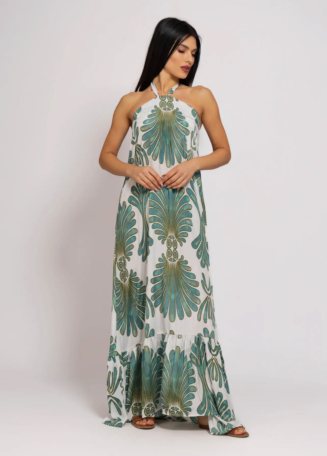 Boho Styled Resort Wear Dress-Emerald/white