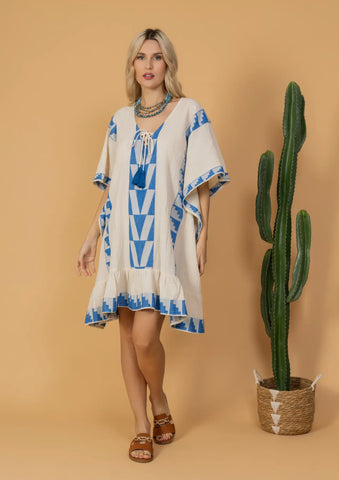 Short Boho Styled Aegean Inspired Tunic Dress-Sky/White